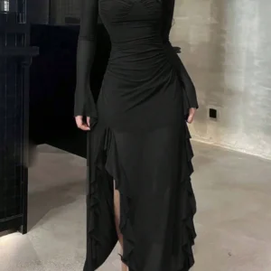 SHEIN Elegant Casual Ruffle Hem Long Sleeve Mesh Dress