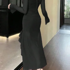 SHEIN Elegant Casual Ruffle Hem Long Sleeve Mesh Dress