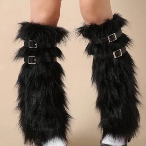 Alternative view of SHEIN 1 Pair Of Women's Y2K Punk-Style Faux Fur Leg Socks - Solid Color Fleece Winter Boots