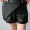 FRIFUL Women's Black Solid Color PU Fabric Slim Fit Versatile Skort