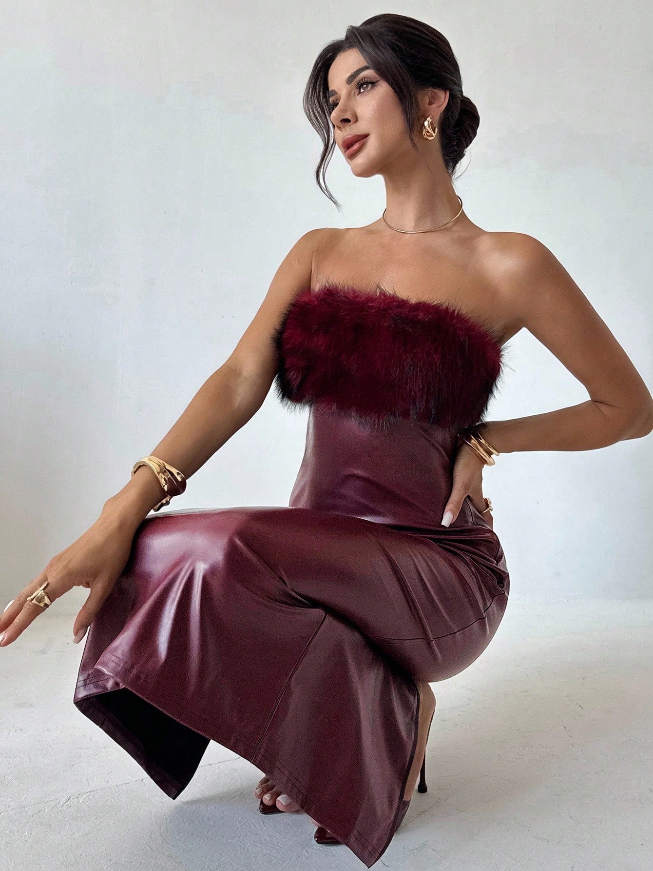 SHEIN Firerie Women's Elegant Angora Red PU Dress With Fur Maxi Dress