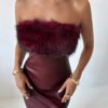 SHEIN Firerie Women's Elegant Angora Red PU Dress With Fur Maxi Dress