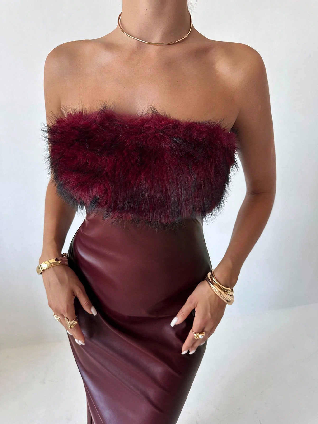 SHEIN Firerie Women's Elegant Angora Red PU Dress With Fur Maxi Dress