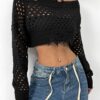 Flirla Sexy Open Shoulder Hollow Out Ladies' Sweater Knit Pullover Fall Winter Outfit