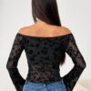 SHEIN EZwear 1pc Women's Black Floral Mesh Off Shoulder Flare Sleeve T-Shirt