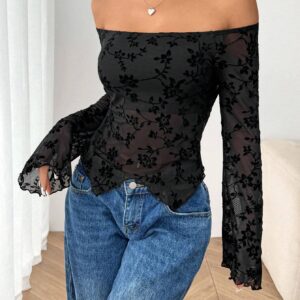 Alternative view of SHEIN EZwear 1pc Women's Black Floral Mesh Off Shoulder Flare Sleeve T-Shirt