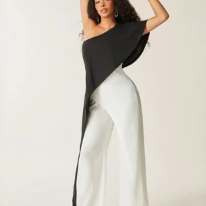 Vixey Two Tone Color Block One Shoulder Drape Detail Wide Leg Jumpsuit, Summer Dresses