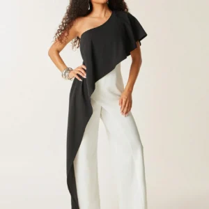 Alternative view of SHEIN Vixey Two Tone Color Block One Shoulder Drape Detail Wide Leg Jumpsuit, Summer Dresses